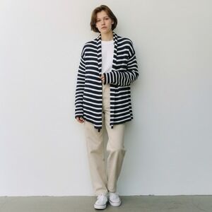 Wooden Ships Womens M/L Open Knit Cardigan Navy Stripe Sailor Beachy Nautica